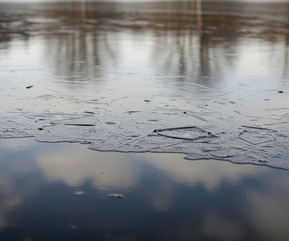 Na pierwszym planie widoczna jest tafla lodu o nieregularnym, popękanym kształcie, tworząca patchworkowy wzór. Lód, w odcieniach szarości i błękitu, styka się z gładką, ciemną wodą, w której odbija się jasne niebo i chmury. W tle, na dalszej części tafli wodnej, widać rozmyte odbicia drzew, sugerujące ich obecność na brzegu.