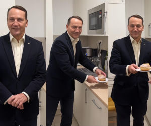 Sikorski paraduje z pączkiem po MSZ. Rozbawił Polaków nagraniem