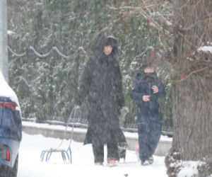 Marta Kaczyńska z synem i psami na sankach w lesie