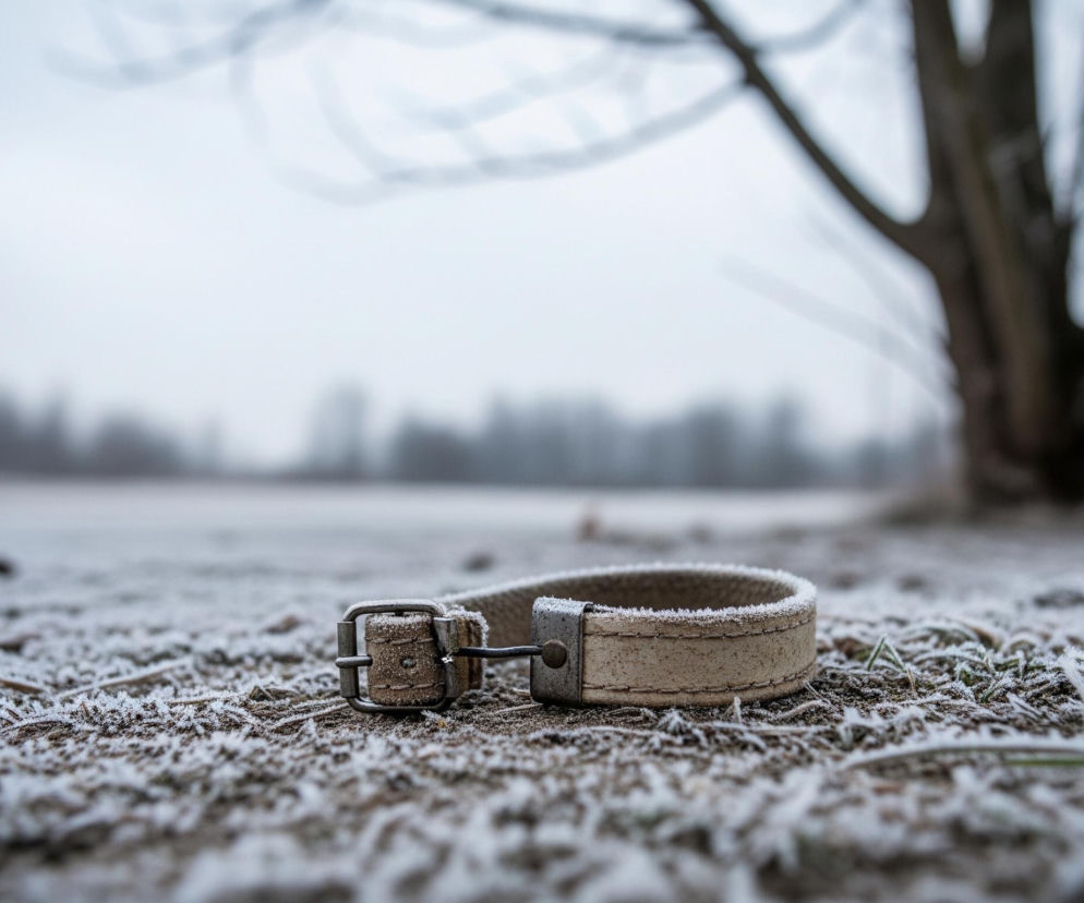 Na pierwszym planie, centralnie, leży beżowa obroża z metalową sprzączką, pokryta szronem, na szaro-brązowej, zmrożonej ziemi. Drobiny szronu osadzone są na splecionych źdźbłach traw i suchych liściach, tworząc matową, białą powłokę. Tło jest rozmyte; po lewej stronie widać niewyraźne zarysy ciemnych drzew i krzewów, natomiast po prawej stronie dominuje duży, rozłożysty pień drzewa z kilkoma nagimi gałęziami, również pokrytymi szronem. Całość tonie w zimowej, szarobiałej scenerii, sugerując mroźny dzień.