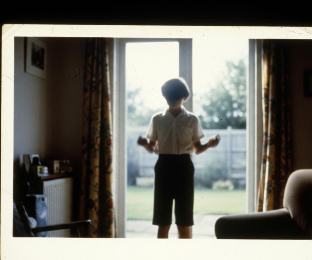 Centralnie umieszczona postać dziecka stoi tyłem do obserwatora, patrząc przez okno lub drzwi balkonowe na jasny, zielony ogród. Dziecko ma na sobie jasną koszulkę z krótkim rękawem i ciemne szorty, a jego ramiona są uniesione na wysokość klatki piersiowej, z dłońmi zaciśniętymi w pięści. Scena jest skadrowana w jasnym, niemal białym obramowaniu, które imituje klatkę filmową, otoczoną szerokimi, czarnymi pasami po bokach. Wnętrze pokoju po lewej stronie jest zacienione, widać tam grzejnik, półkę z przedmiotami oraz część obrazu na ścianie, zaś po prawej stronie, w podobnym zacienieniu, widoczny jest fragment tapicerowanego mebla.