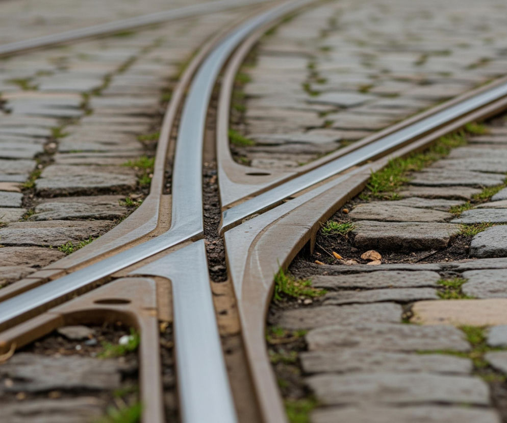 Torowisko tramwajowe z rozjazdem, wykonane z metalowych szyn, dominuje centralną część kadru. Szyny są szare i błyszczące, osadzone w brązowej, żeliwnej lub stalowej podstawie, która z kolei jest wmurowana w kamienną nawierzchnię ulicy. Bruk składa się z nieregularnych, szarych kostek kamiennych, między którymi gdzieniegdzie wyrasta zielona trawa i drobne chwasty. Ostrość jest ustawiona na rozjazd, a zarówno dalsza, jak i bliższa część torów i bruku są rozmyte.