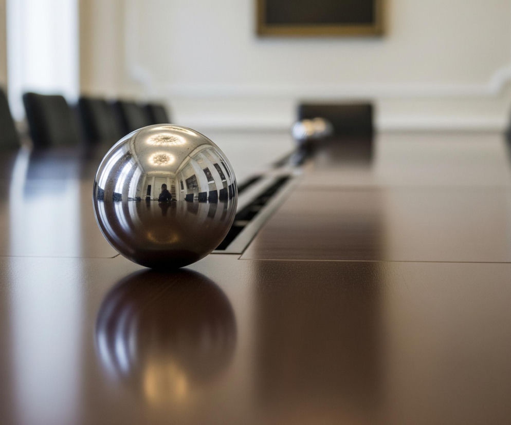 Srebrna, lśniąca kula leży na ciemnobrązowym, polerowanym stole, odbijając otoczenie, w tym żyrandole na suficie i postać osoby w oddali. Stół ciągnie się w głąb obrazu, otoczony po obu stronach rzędami czarnych krzeseł, które są częściowo niewyraźne. W tle widać białe ściany z elementami sztukaterii oraz okna, przez które wpada światło.