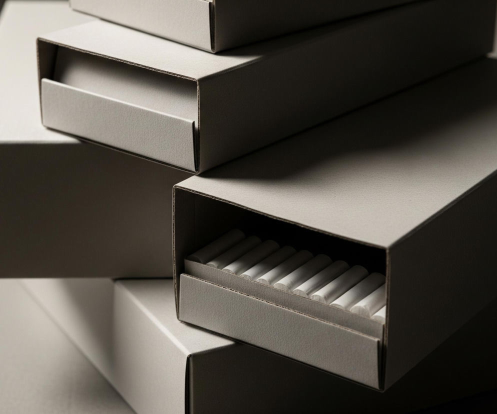 Sześć prostopadłościennych pudełek o szarym odcieniu tworzy stos. Górne pudełka są ustawione pod lekkim kątem, a dno stosu znika w tle. Pierwsze pudełko z prawej strony ma wysuniętą szufladę, w której ułożono rzędem białe, walcowate obiekty. Światło pada z góry, tworząc wyraźne cienie i podkreślając teksturę materiału przypominającego karton.