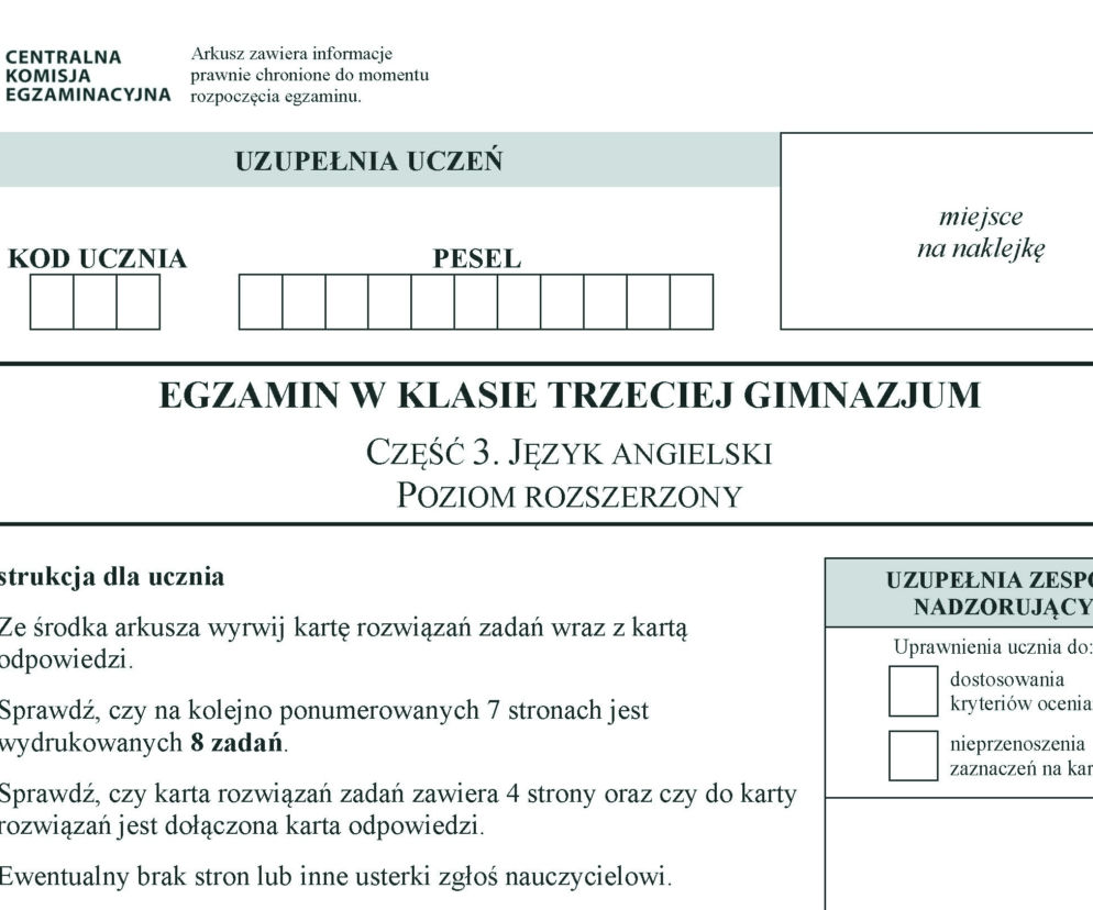 Egzamin gimnazjalny 2019 - język angielski - poziom rozszerzony