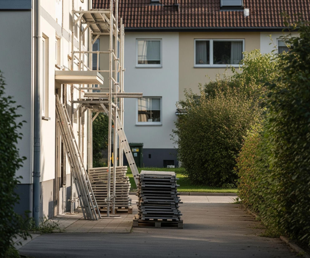 Na pierwszym planie, z lewej strony, widoczna jest jasnoszara ściana budynku z widocznymi rusztowaniami i ułożonymi w stosy elementami konstrukcyjnymi na chodniku. Po prawej stronie, wzdłuż wąskiej ścieżki, rozciąga się gęsty, ciemnozielony żywopłot. W tle, za rusztowaniami i żywopłotem, znajduje się kolejny budynek z jasnymi elewacjami w odcieniach beżu i bieli oraz brązowym, ceramicznym dachem.