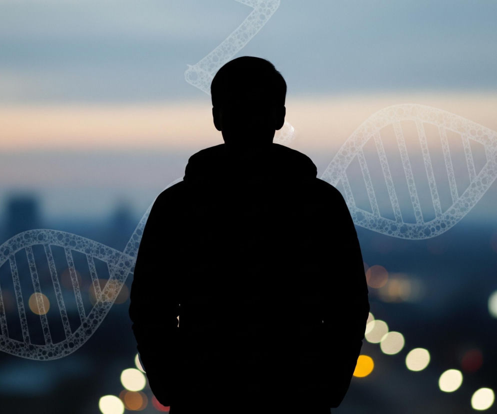 W centrum kadru, tyłem do widza, stoi czarna sylwetka osoby w bluzie z kapturem, z głową lekko pochyloną. Tło stanowi rozmyty krajobraz miejski o zmierzchu lub świcie, z niebem przechodzącym od jasnego, pomarańczowego horyzontu w dolnej części, do błękitno-szarego u góry, oraz licznymi rozświetlonymi punktami świateł miasta w dolnej części obrazu. Ponad tym wszystkim widoczne są, jako przezroczyste, białe struktury, dwie skręcone spirale DNA, obejmujące większość szerokości kadru, z delikatnym wzorem bąbelków.