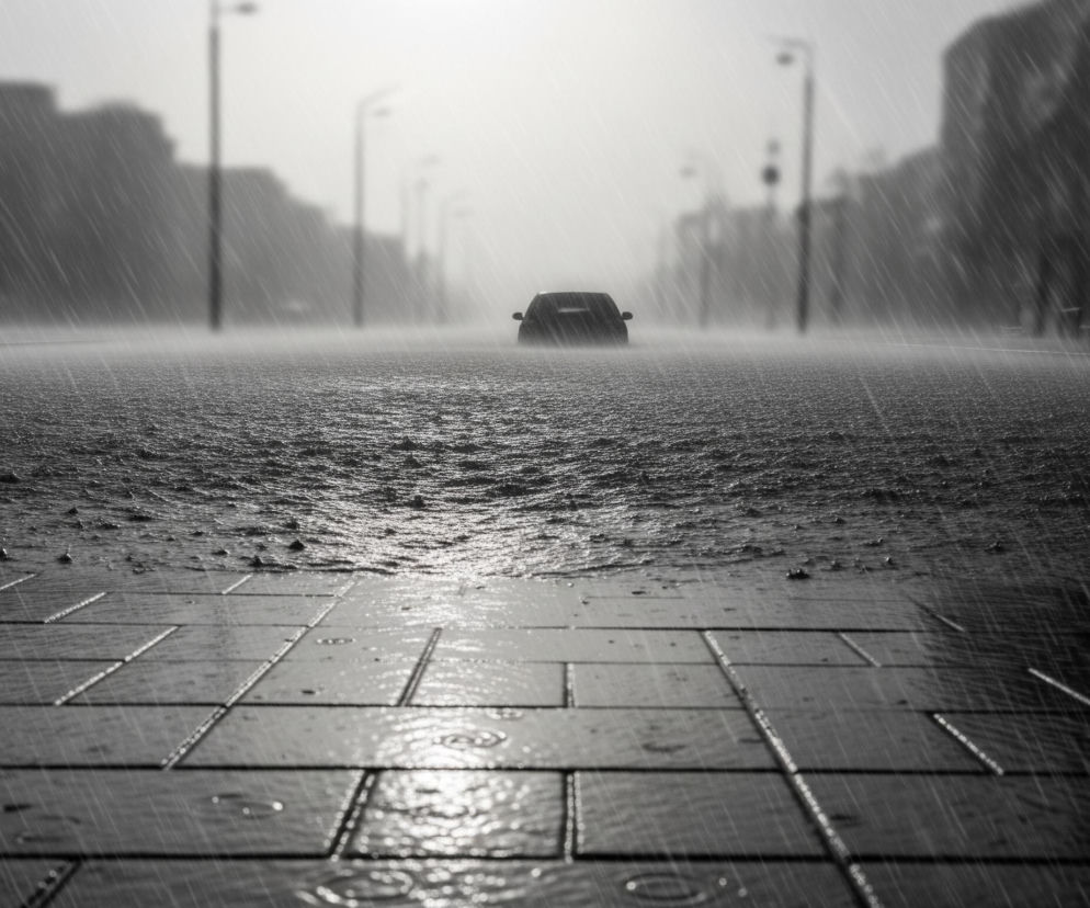 Przedstawiony obraz to czarno-białe ujęcie ulicy podczas ulewnego deszczu, z niskiej perspektywy. W centrum kadru, w oddali, stoi samochód, widoczny od tyłu, jego kontury rozmywają się w deszczowej mgle. Deszczowe krople tworzą wyraźne smugi spadające na ziemię, a na jezdni gromadzi się woda, tworząc falujące powierzchnie z odbijającym się światłem. Na pierwszym planie widoczny jest chodnik wyłożony prostokątnymi płytami, na których również widać odbicia światła i kręgi od uderzających kropel deszczu. W tle, po obu stronach ulicy, majaczą niewyraźne sylwetki budynków i słupów latarni, wszystko spowite w szarości i bieli, co podkreśla intensywność opadów.