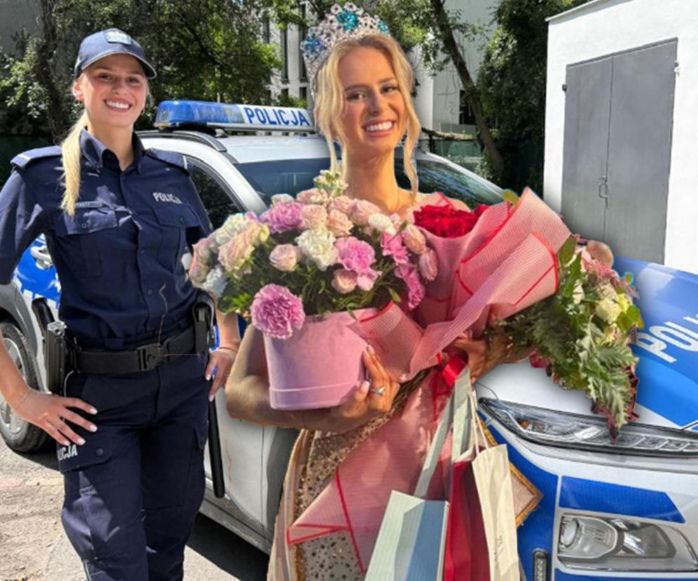 Klaudia Węcłaś w mundurze przy radiowozie. Obok wstawka z nią w koronie i z kwiatami. O sukcesie policjantki czytaj w SE.