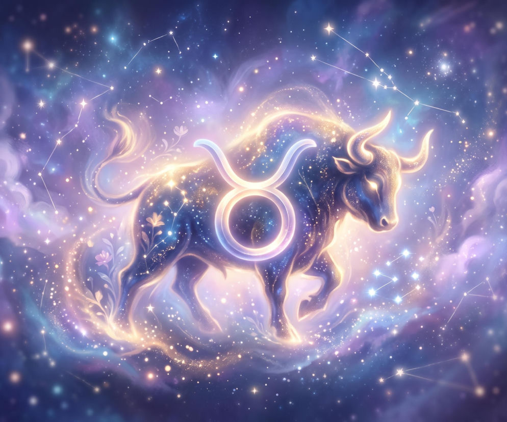 Świecąca postać byka z symbolem zodiaku na tle gwieździstego kosmosu. O horoskopie dla Byka przeczytasz w serwisie Eska.