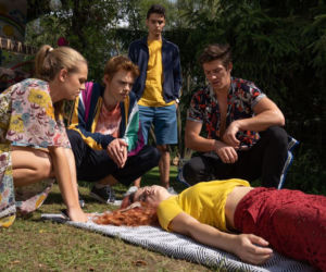 Barwy szczęścia odc. 1986. Oliwka (Wiktoria Gąsiewska), Justin (Jasper Sołtysiewicz), Mia (Maria Ruddick), Igor (Natan Gudejko)