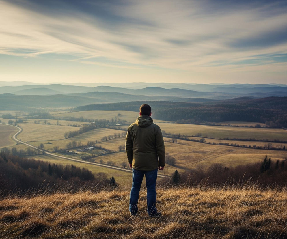 Mężczyzna w ciemnozielonej kurtce z kapturem i niebieskich jeansach stoi tyłem do widza, patrząc na rozległy krajobraz. Postać znajduje się na pierwszym planie, na wzgórzu pokrytym suchymi, złotymi trawami, oświetlonymi ciepłym światłem. W oddali rozciąga się pagórkowaty teren z licznymi polami uprawnymi o ziemistych odcieniach, częściowo zalesiony drzewami bez liści. Przez dolinę wiją się dwie wąskie drogi, a horyzont zamykają pasma błękitnych gór, które stopniowo zlewają się z jasnym, lekko zachmurzonym niebem.
