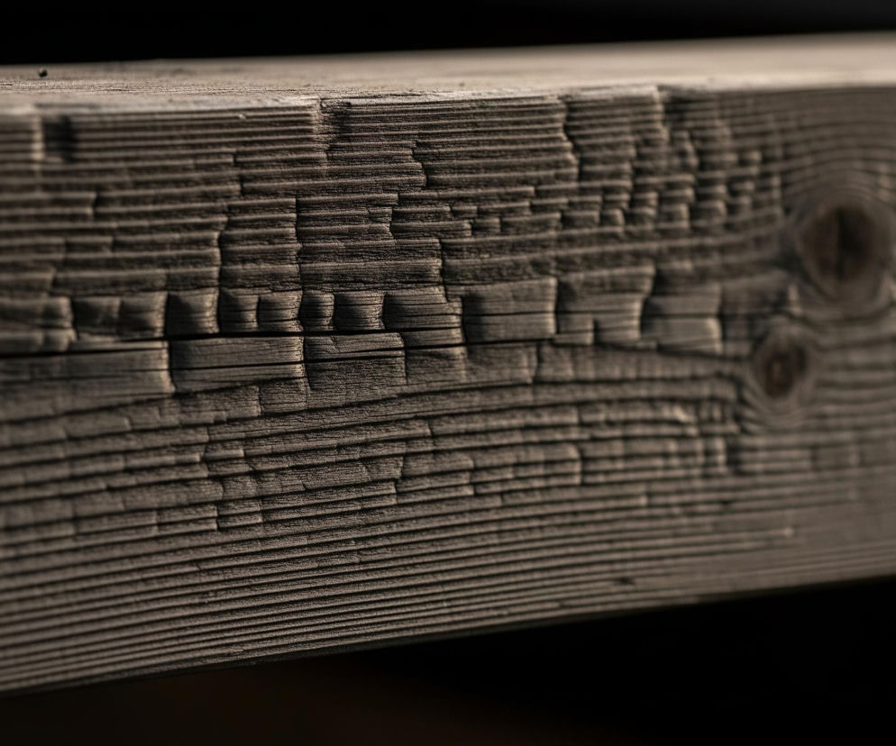 Duża, prostopadłościenna belka z jasnego drewna, o wyraźnej strukturze słojów i widocznych sękach, zajmuje centrum kadru. Jej powierzchnia jest nierówna, z licznymi wgnieceniami i wypukłościami, które tworzą nieregularne wzory, przypominające pęknięcia lub łuski. Kolor drewna jest szaro-brązowy, z ciemniejszymi cieniami podkreślającymi jego fakturę i jaśniejszymi fragmentami na krawędziach. W prawym górnym rogu widoczny jest okrągły, ciemniejszy sęk, wokół którego układają się koncentryczne słoje. Belka leży poziomo, lekko pod kątem, a za nią i pod nią rozciąga się ciemne, jednolite tło.