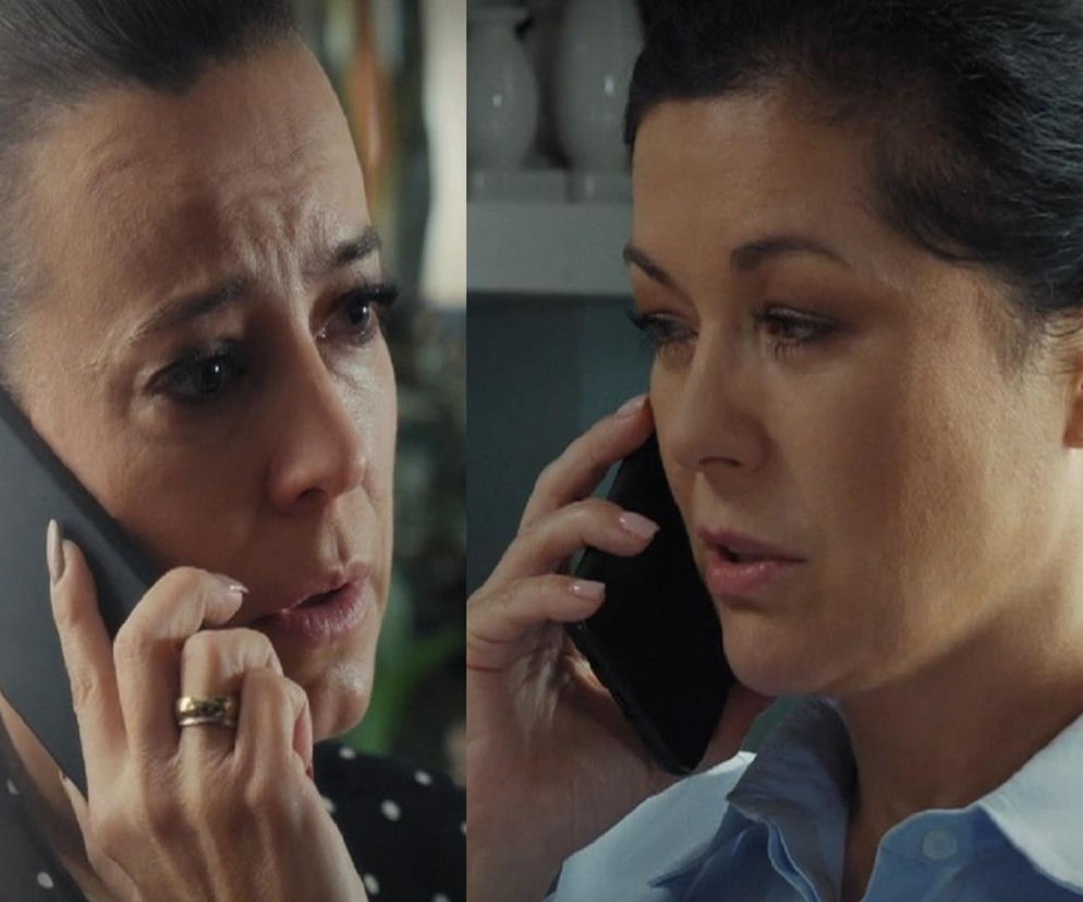 Katarzyna Cichopek jako Kinga Zduńska i Anna Mucha jako Magda Budzyńska rozmawiają przez telefony, Kinga ma zatroskaną minę, a Magda smutną. Obie postacie wyrażają emocje związane z Pawłem Zduńskim. Więcej o ich losach dowiesz się na Super Seriale.