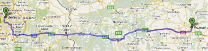 Mapka Poznań - Berlin trasa E30