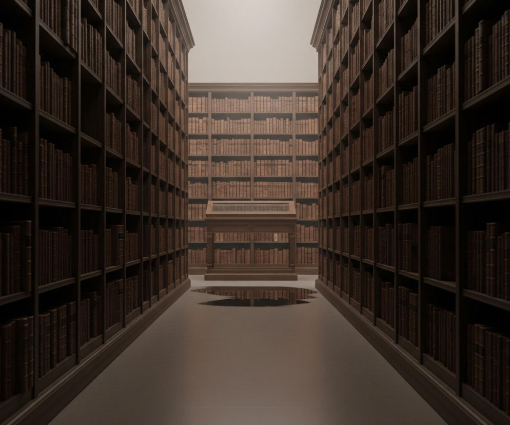 Długi korytarz w bibliotece, otoczony z obu stron wysokimi regałami wypełnionymi ciemnobrązowymi, starymi księgami. Książki są ułożone ciasno na wielu półkach, tworząc gęste ściany wiedzy. W oddali, na końcu korytarza, znajduje się drewniany pulpit lub podium, również otoczony regałami z książkami, które są jaśniejsze i bardziej widoczne niż te na pierwszym planie. Podłoże jest gładkie i odblaskowe, a w centralnej części widoczne są dwie ciemne, owalne plamy, przypominające kałuże odbijające światło. Górna część obrazu rozjaśnia się w kierunku centrum, sugerując źródło światła umieszczone w oddali lub na suficie.