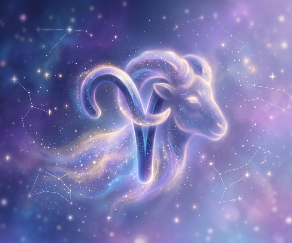 Świecący symbol Barana na tle gwieździstego, fioletowego nieba. Horoskop dla Barana sprawdzisz na Eska.