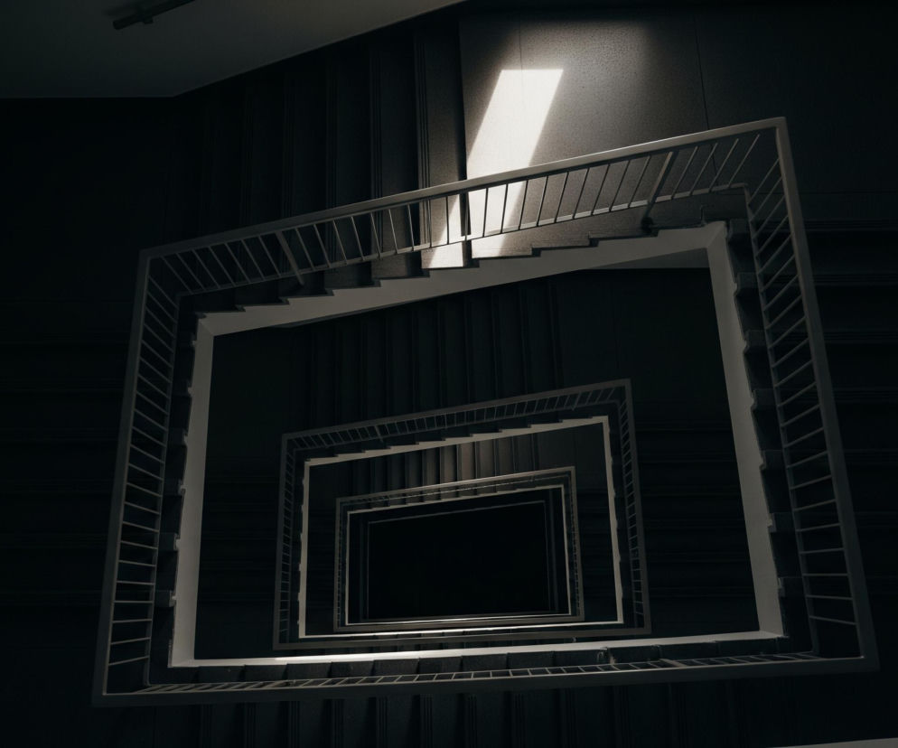 Spiralne schody w kolorze ciemnoszarym, widziane z góry, schodzą w głąb obrazu. Balustrady są jasnoszare z poziomymi prętami, tworząc kolejne, malejące kwadraty, co nadaje wrażenie nieskończoności. Centralna część klatki schodowej jest najciemniejsza, niemal czarna. Jasne, ukośne światło pada z górnego prawego rogu, oświetlając część balustrady i schodów.