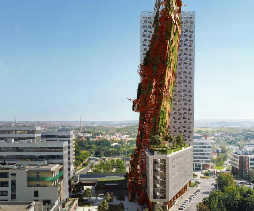 Wizualizacja wieżowca Top Tower z rdzawym wrakiem statku na elewacji. O nowej ikonie Pragi przeczytasz na Architektura.