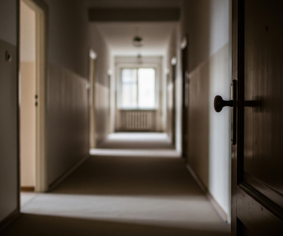 Długi, wąski korytarz z drzwiami po obu stronach, prowadzący do jasnego okna na jego końcu. Po prawej stronie, na pierwszym planie, widoczne są otwarte, ciemne, drewniane drzwi z czarną klamką, częściowo zasłaniające widok. Ściany korytarza są dwukolorowe, z ciemniejszym pasem na dole i jaśniejszym powyżej, a podłoga utrzymana jest w szaro-brązowej tonacji, rozjaśniającej się ku końcowi. Całość jest słabo oświetlona, z wyjątkiem odległego końca, gdzie silne światło wpada przez duże okno.