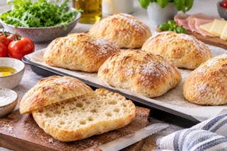 Domowe bułki panini bez wyrabiania. Wystarczy podzielić wyrośnięte ciasto na 6 kawałków i upiec