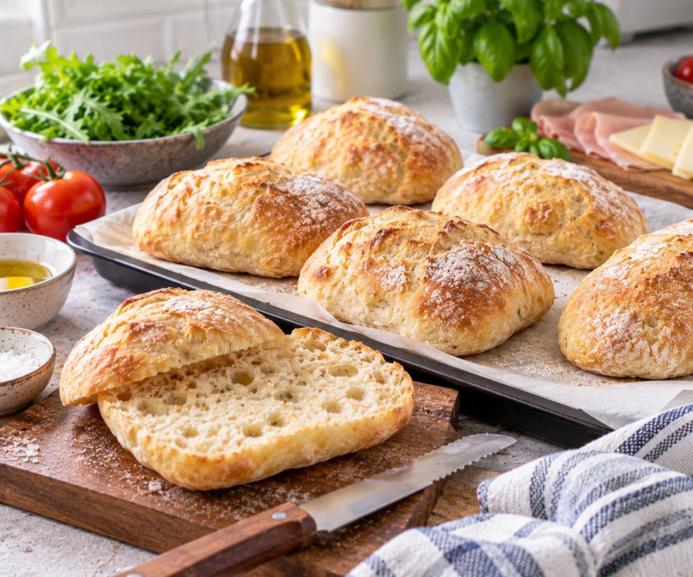 Domowe bułki panini bez wyrabiania. Wystarczy podzielić wyrośnięte ciasto na 6 kawałków i upiec