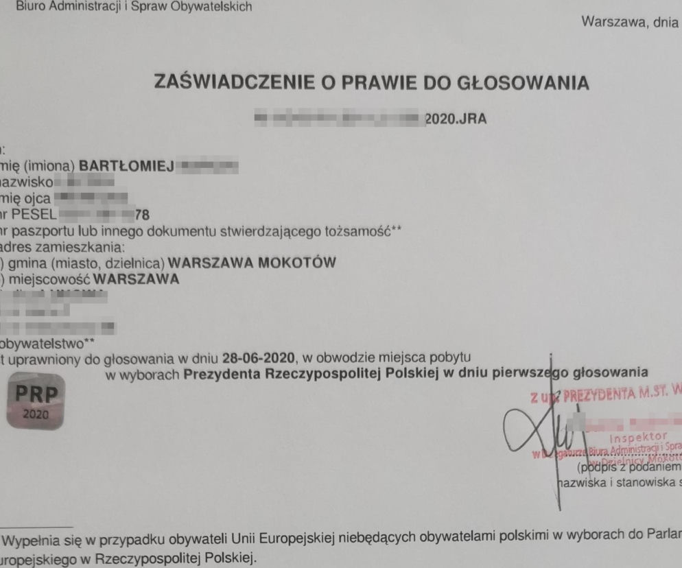 Wybory 2020. Zaświadczenie o prawie do głosowania. Druga tura 