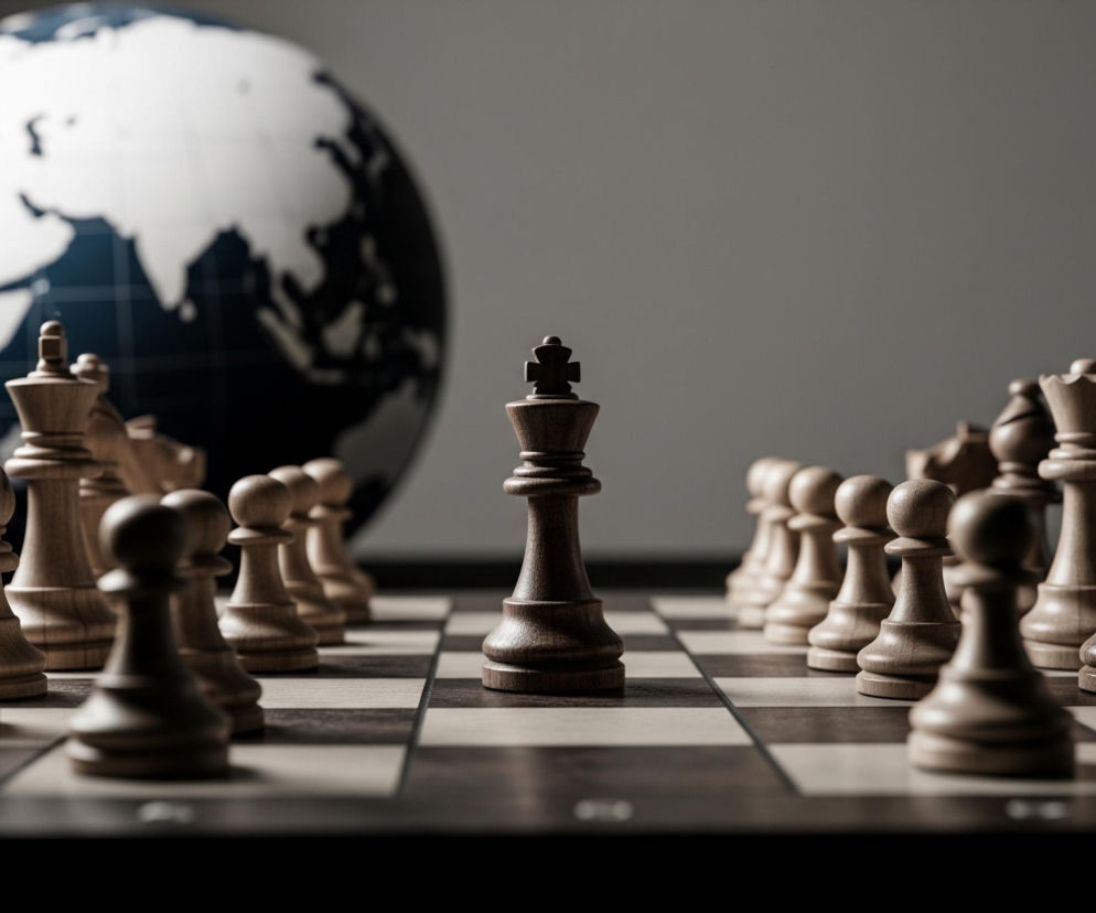 Na obrazie widoczna jest szachownica z figurami szachowymi. W centrum znajduje się ciemnobrązowy król, otoczony z obu stron jasnymi pionami i innymi figurami takimi jak wieże, skoczki, gońce i królowe, ułożonymi w szeregi. W tle, rozmyta, duża, niebiesko-biała kula ziemska zajmuje lewą stronę, z widocznymi konturami kontynentów. Cała scena utrzymana jest w stonowanej kolorystyce brązów, beżów i szarości, z punktowym oświetleniem akcentującym figury.