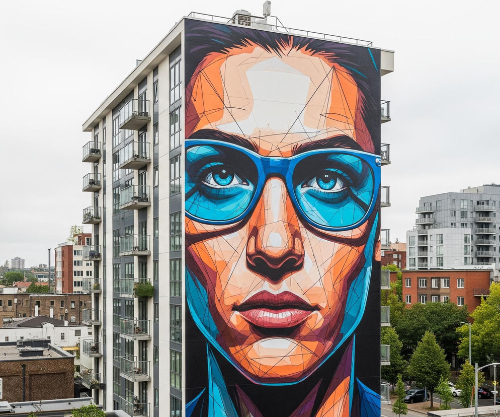 Na fasadzie wysokiego budynku mieszkalnego widnieje ogromny mural przedstawiający twarz kobiety z niebieskimi okularami. Fioletowe włosy kobiety opadają na jej czoło, a jej skóra jest przedstawiona w odcieniach pomarańczowego i brązu, z geometrycznymi liniami i trójkątami tworzącymi kontury. Jej usta są pełne, w kolorze różu i czerwieni, a oczy za niebieskimi, lustrzanymi soczewkami okularów są intensywnie niebieskie. Po lewej stronie budynku widoczne są szare balkony z przezroczystymi balustradami, a w tle rozciąga się miejski krajobraz z innymi budynkami, w tym z cegły i betonu, oraz zielonymi drzewami.
