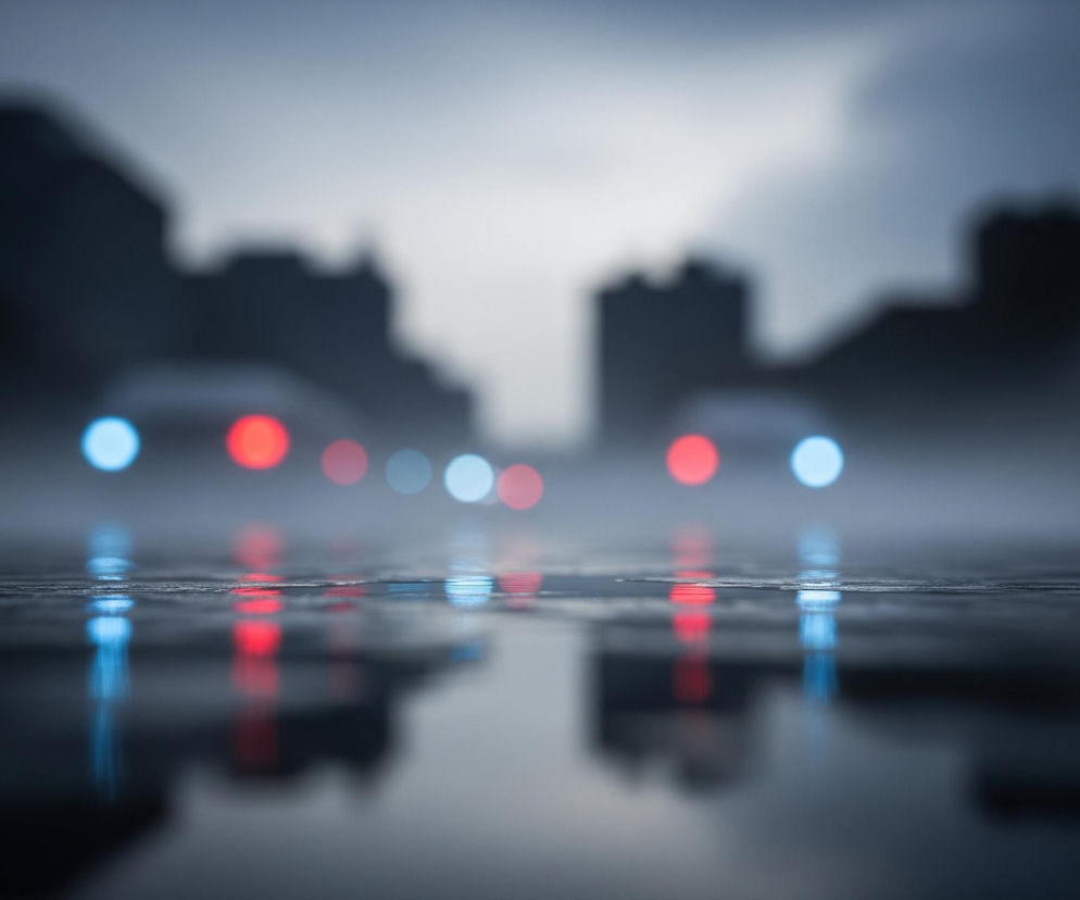 Deszczowa ulica miejska o zmierzchu, z niskim kątem widzenia. Widoczne są rozmyte światła samochodów: czerwone i niebieskie, odbijające się w mokrej nawierzchni jezdni. W tle, również rozmyte, majaczą ciemne sylwetki budynków pod szarym, zachmurzonym niebem. Cała scena utrzymana jest w chłodnej tonacji kolorystycznej.