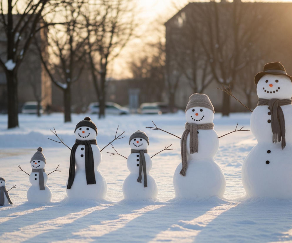 Pięć bałwanów o różnych rozmiarach stoi w rzędzie na zaśnieżonym terenie, od najmniejszego po lewej do największego po prawej, rzucając długie cienie na śnieg w ciepłym, zachodzącym słońcu. Każdy bałwan ma oczy z czarnych guzików, uśmiech z małych, czarnych kropek i pomarańczowy nos w kształcie marchewki, a także ramiona z patyków. Ubrani są w szare lub brązowe czapki i szaliki. Tło stanowią niewyraźne, ciemne budynki i nagie drzewa, a także kilka samochodów widocznych w oddali.