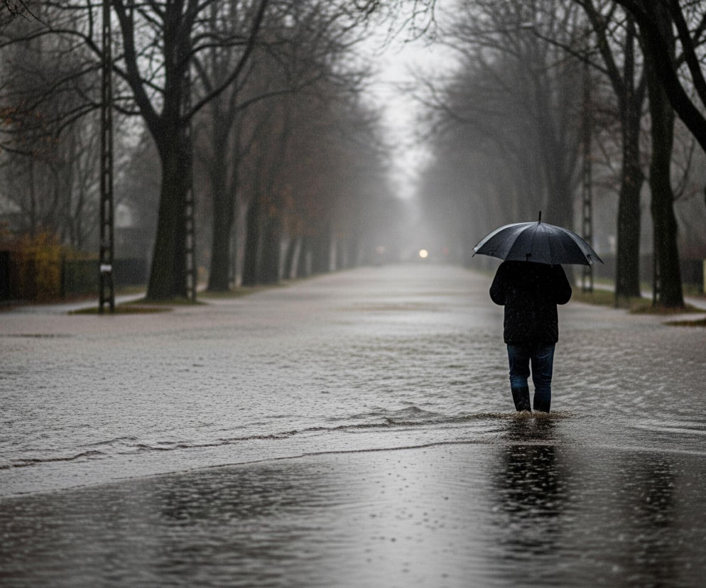 Mężczyzna w ciemnej kurtce i jeansach, z czarnym parasolem rozłożonym nad głową, brodzi w głębokiej wodzie zalewającej ulicę. Woda odbija światło, tworząc refleksy i fale, a na jej powierzchni widać liczne kropelki deszczu. Po obu stronach drogi rosną wysokie, bezlistne drzewa, tworzące szpaler ciągnący się w głąb perspektywy, gdzie horyzont jest zamglony. Niebo jest szare i pochmurne, a ogólny nastrój obrazu jest ponury i deszczowy.