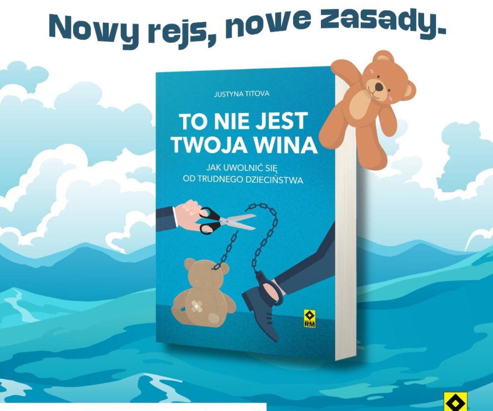 Okładka książki Justyny Titovej o trudnym dzieciństwie z grafiką nożyczek przecinających łańcuch na Poradnik Zdrowie.