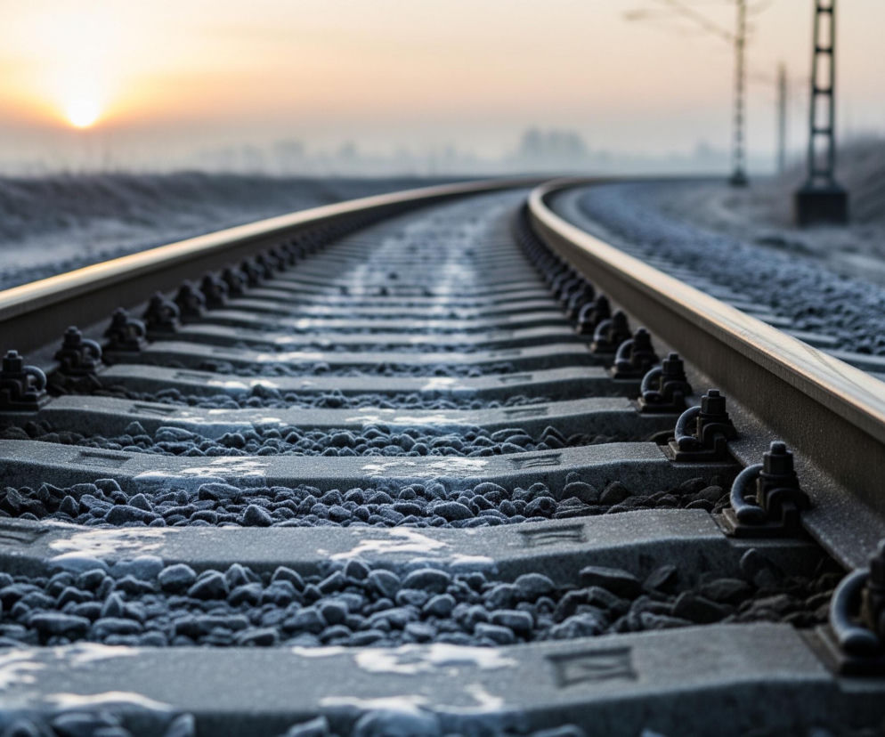 Zamarznięte tory kolejowe z widocznym na horyzoncie słońcem wschodzącym nad mglistym pejzażem. Tory biegnące od dolnej części kadru zakręcają w prawo, a ich stalowe szyny pokryte są delikatnym szronem, podobnie jak podkłady i kamienie torowiska. W oddali, po prawej stronie, majaczy zamazana sylwetka słupa trakcji kolejowej.