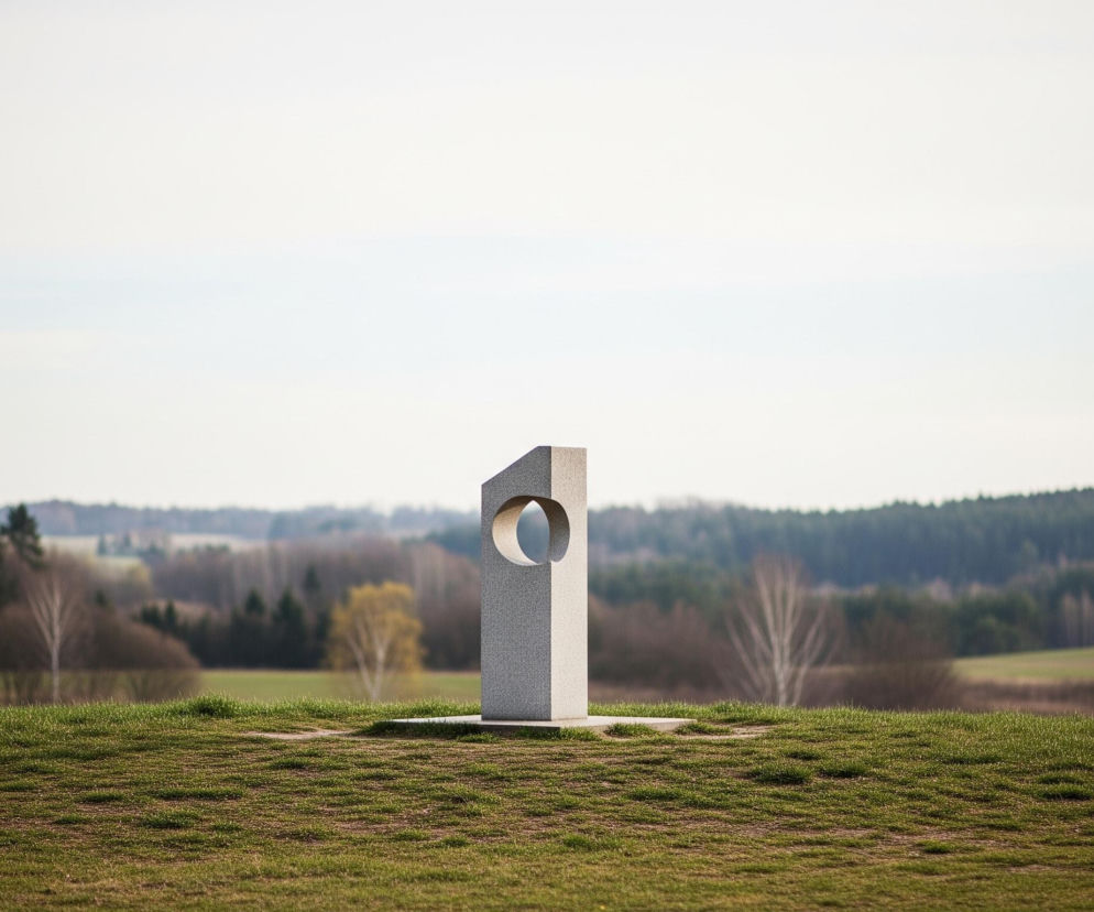 Na pierwszym planie, centralnie, stoi szary, kamienny monolit o prostokątnym kształcie, z okrągłym otworem wyciętym w górnej części. Obiekt umieszczony jest na małym, trawiastym wzniesieniu, pokrytym zieloną i brązową trawą. W tle rozciąga się pagórkowaty krajobraz z licznymi drzewami, zarówno liściastymi bez liści, jak i iglastymi, tworzącymi ciemne pasma lasów. Niebo jest jasne i blade, lekko zachmurzone.