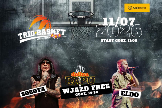 Plakat reklamujący Trio Basket Koszalin 2026 i Dolinę Rapu, przedstawiający Sobotę i ELDO na tle kosza do koszykówki. Grafika informuje o darmowych koncertach oraz rywalizacji sportowej, o której przeczytasz więcej na naszym portalu.