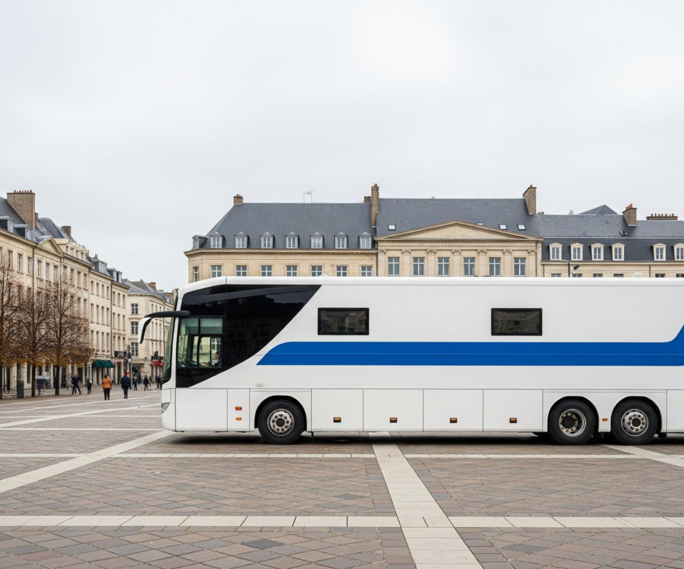 Biały autobus z niebieskim pasem pośrodku zajmuje centralną część obrazu, stojąc na szerokim placu wyłożonym kostką brukową w odcieniach brązu i szarości, z białymi liniami tworzącymi wzór kraty. Autobus ma wiele czarnych okien i drzwi, a także cztery osie kół. W tle widoczne są budynki o jasnych fasadach i ciemnych, spadzistych dachach z lukarnami, tworzące pierzeję placu pod szarym, zachmurzonym niebem. Na placu, oprócz autobusu, widać rozrzucone osoby i drzewa bez liści, umieszczone wzdłuż lewej krawędzi placu.