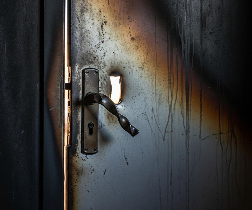 Zbliżenie na częściowo spaloną, metalową powierzchnię drzwi, z widoczną klamką i zamkiem. Drzwi są uchylone, a jasne światło prześwituje przez wąską szparę po lewej stronie. Powierzchnia drzwi jest pokryta sadzą i smugami, które tworzą gradient od ciemnego brązu i czerni po lewej do jaśniejszego, popielatego odcienia w centralnej części, przechodzącego w rdzawy brąz i czerń po prawej. Klamka w kolorze ciemnego metalu, z ozdobnie skręconym uchwytem, jest zamontowana na tle jaśniejszej, popielatej części drzwi, a nad nią widać otwór na klucz.