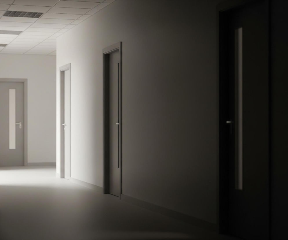 Korytarz oświetlony odległym, jasnym światłem. Po prawej stronie dominują ciemne, pionowe cienie, z drzwiami wpadającymi w ciemność. Ściany po lewej stronie są białe, odbijając światło w kierunku końca korytarza, gdzie widoczne są kolejne drzwi z długimi, pionowymi szybami. Sufit składa się z równo ułożonych, prostokątnych paneli, a podłoga jest gładka i jasna w oddali, stając się ciemniejsza i zacieniona w miarę zbliżania się do pierwszego planu.