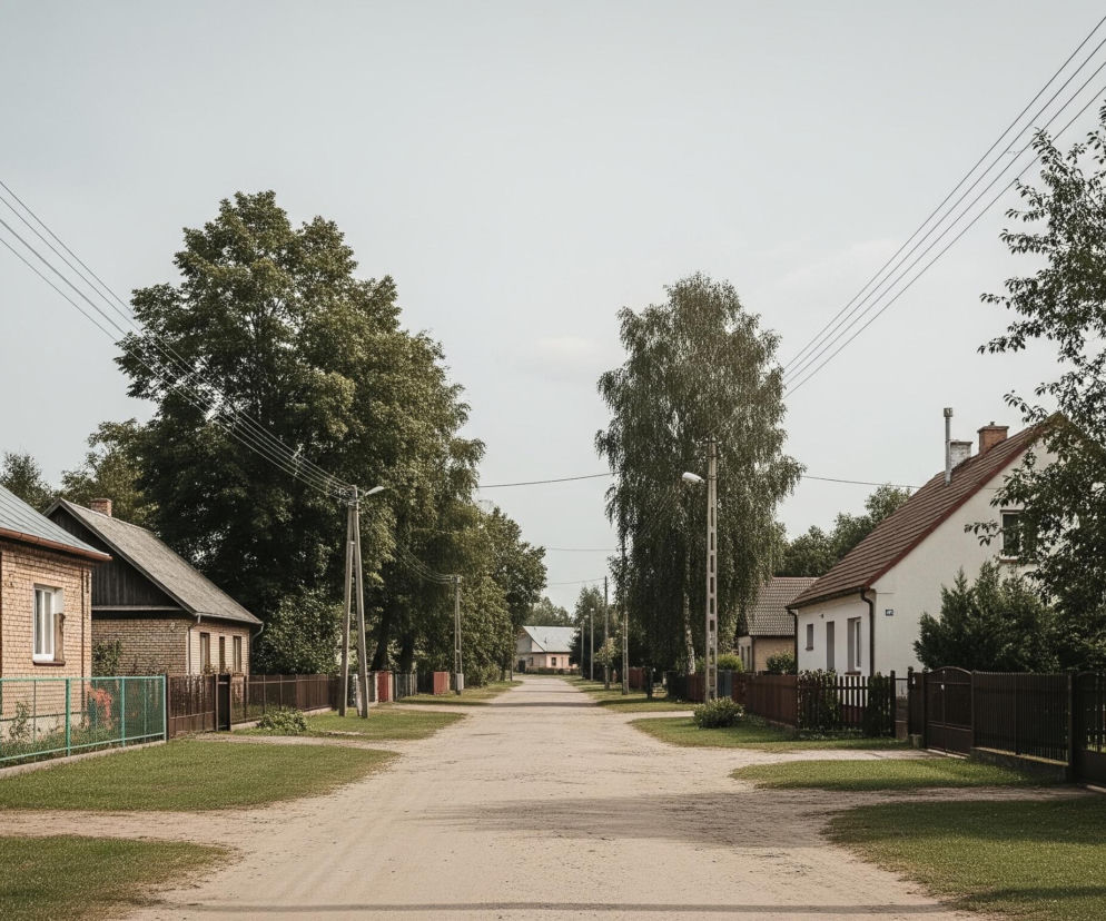 Wiejska ulica rozciąga się w głąb obrazu, otoczona po obu stronach domami i drzewami. Droga jest nieutwardzona, piaskowa, a po jej bokach rozciągają się pasy zielonej trawy, oddzielone od domów płotami. Po lewej stronie widoczne są domy z cegły i drewna, z zielonym metalowym ogrodzeniem, a po prawej domy o jasnych, tynkowanych ścianach z brązowymi płotami, częściowo zasłonięte przez gęste korony drzew. Wzdłuż ulicy rozmieszczone są słupy energetyczne z przewodami.