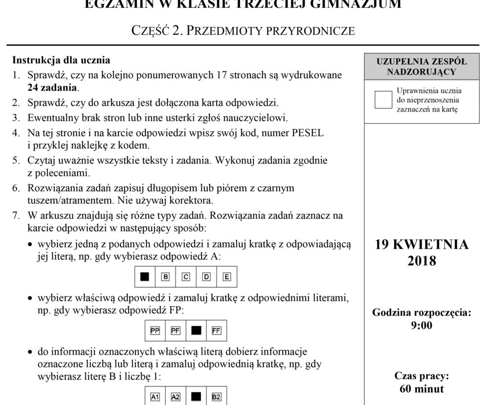 Egzamin gimnazjalny 2018 - część przyrodnicza