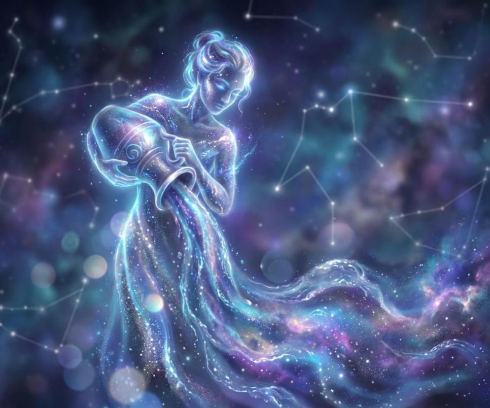 Ilustracja przedstawiająca znak zodiaku Wodnika jako eteryczną postać kobiety w odcieniach fioletu i błękitu, wylewającej strumień energii i gwiazd z dzbana, na tle gwieździstego nieba z konstelacjami. Sprawdź horoskop dzienny dla Wodnika na naszym portalu.