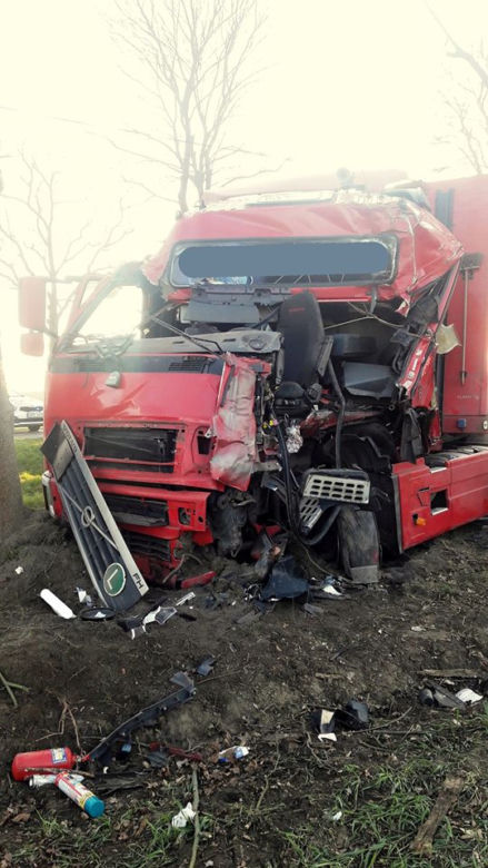 Tir roztrzaskał się na drzewie! Niebezpieczny wypadek pod Cybinką!