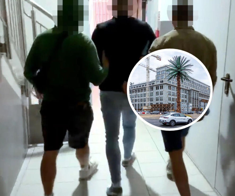 Zatrzymany mężczyzna prowadzony przez policjantów. Na miniaturze rondo de Gaulle’a w Warszawie. Szczegóły na SE.