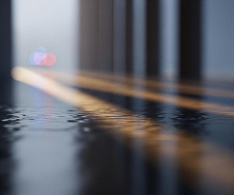 Ciemne, lekko rozmyte tło z widoczną w dolnej części, pofalowaną, lustrzaną powierzchnią wody lub innej cieczy. Na powierzchni wody odbijają się pionowe pasy światła w odcieniach pomarańczu i brązu, oraz zamazane, okrągłe światła w kolorach czerwonym i niebieskim, widoczne w oddali po lewej stronie. Kompozycja charakteryzuje się grą światła i cienia, z jaśniejszym obszarem w tle i ciemniejszymi pasami w środkowej i prawej części.