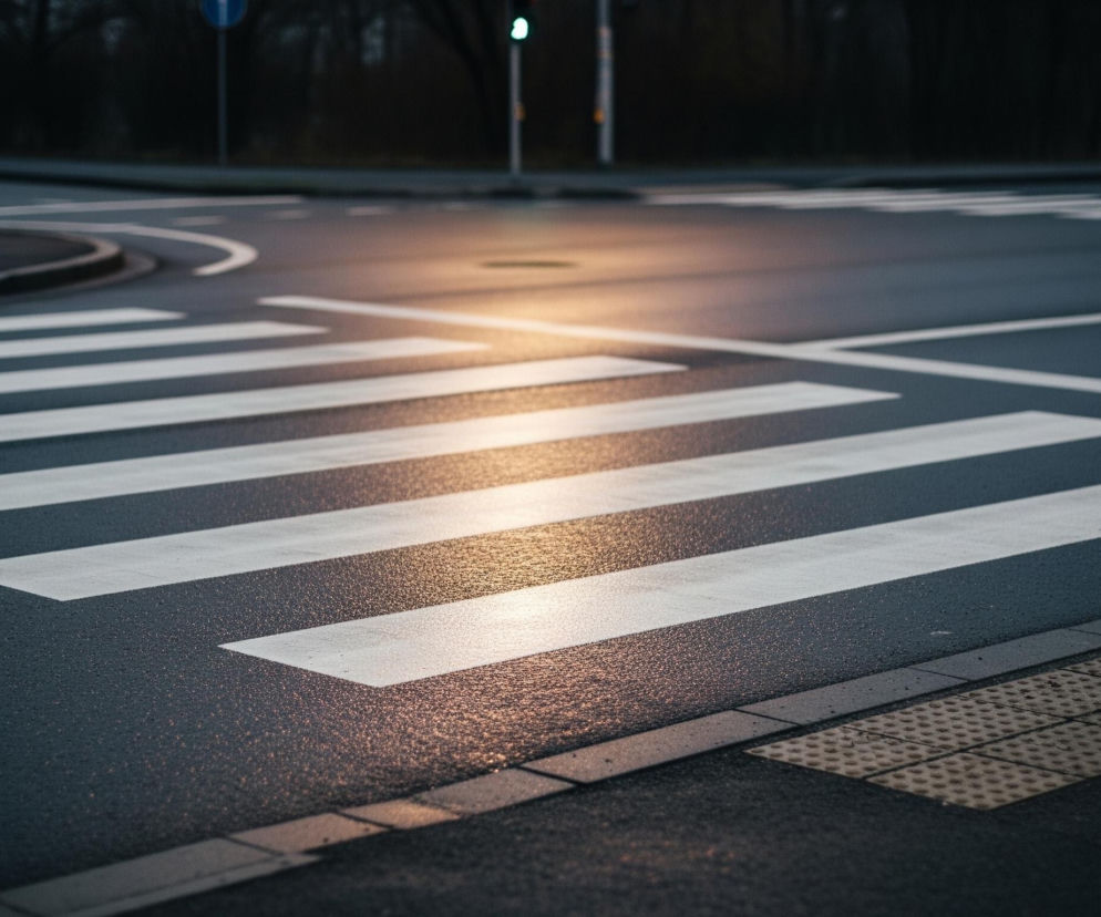 Na obrazie widoczna jest mokra nawierzchnia asfaltowej ulicy z białymi pasami przejścia dla pieszych w dolnej części kadru. Asfalt jest ciemnoszary, a białe pasy odbijają ciepłe, żółtopomarańczowe światło, tworząc refleksy na wilgotnej powierzchni. Po prawej stronie, na pierwszym planie, fragment chodnika z jasnymi, kwadratowymi płytami o wypukłej, kropkowanej teksturze, graniczy z krawężnikiem.

W tle, po lewej stronie, widoczny jest fragment żółtego słupka, a nieco dalej, bardziej po prawej stronie, znajduje się ciemny słupek z zielonym światłem sygnalizatora. Cały horyzont i dalszy plan są nieostre, dominują tam ciemne barwy drzew i nieba, co nadaje scenie wieczorny lub wczesnoranny klimat.