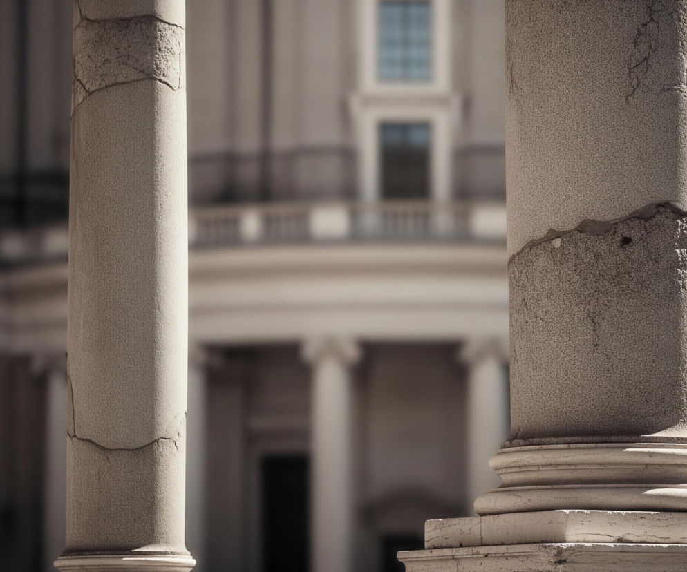 Dwa kamienne filary dominują na pierwszym planie, jeden po lewej, drugi po prawej stronie, oba częściowo widoczne. Filar po prawej, nieco bliżej, ma widoczną podstawę z poziomych, rzeźbionych elementów i jest spękany w kilku miejscach, ukazując ciemniejsze, porowate wnętrze. Obie struktury są w odcieniach beżu i jasnego brązu, pokryte drobnymi ziarnami. W tle, rozmyta architektura budynku z rzędami filarów i oknami, w podobnej kolorystyce, tworzy głębię obrazu.