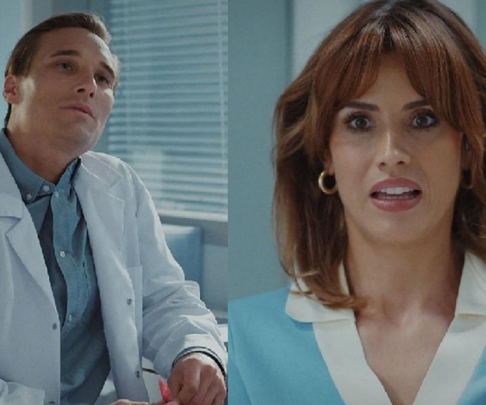 Maurycy Popiel jako Olek w białym kitlu i Michalina Sosna jako Kama z zaskoczoną miną. Zdjęcie ilustruje scenę, w której Olek przywita Kamę w klinice, żądając gratifikacji za załatwienie jej posady. Więcej informacji o serialu M jak miłość znajdziesz na Super Seriale.