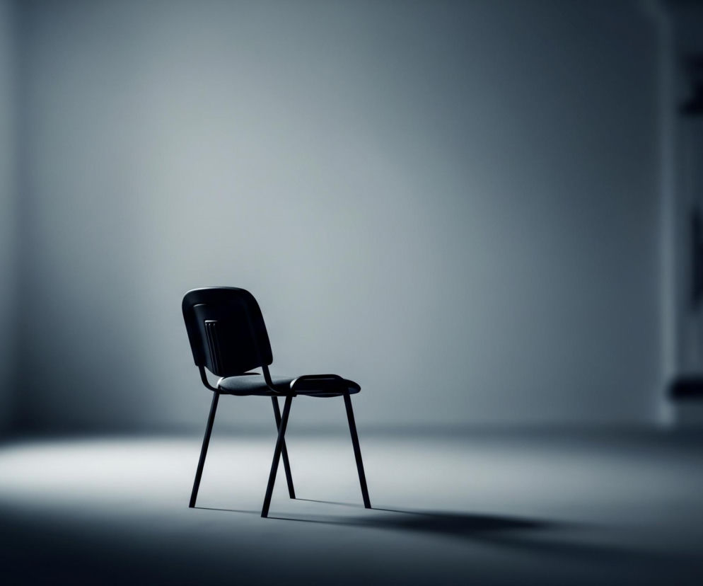 Centralnie umieszczone jest czarne krzesło o prostej konstrukcji z metalowymi nogami i plastikowym oparciem oraz siedziskiem. Krzesło jest ustawione przodem w lewo i znajduje się na tle pustej, szarej ściany. Z lewej strony obrazu widoczne jest rozmyte, jasne światło, prawdopodobnie pochodzące z okna, które rzuca cień na podłogę i oświetla lewą część krzesła. Prawa strona pomieszczenia jest znacznie ciemniejsza, tworząc kontrastowe cienie.
