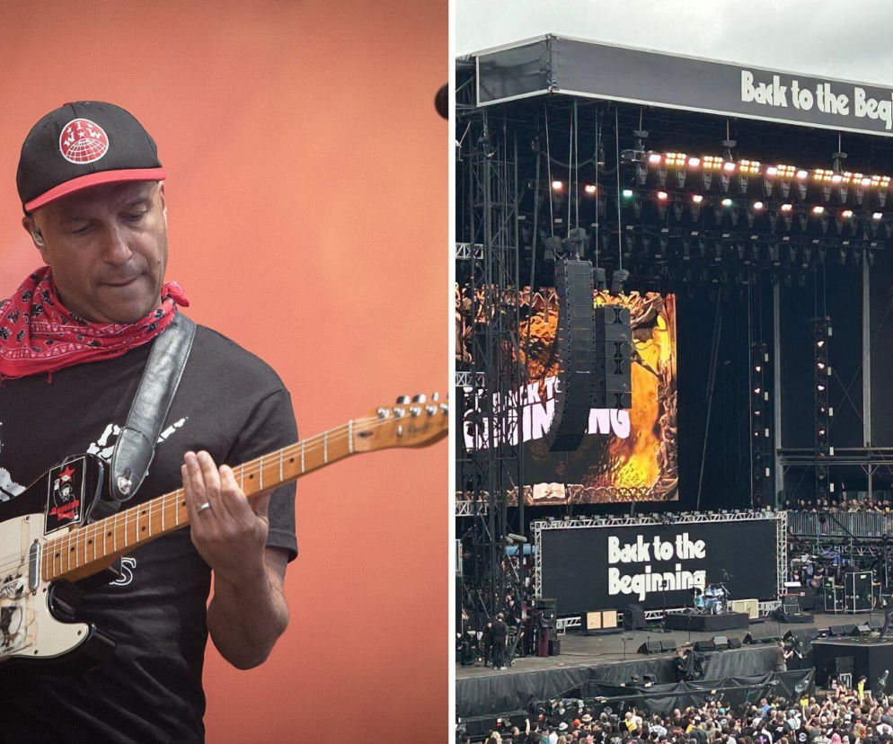 Tom Morello gra na gitarze. Obok scena festiwalu Back to the Beginning. O wspomnieniach muzyka przeczytasz w EskaRock.